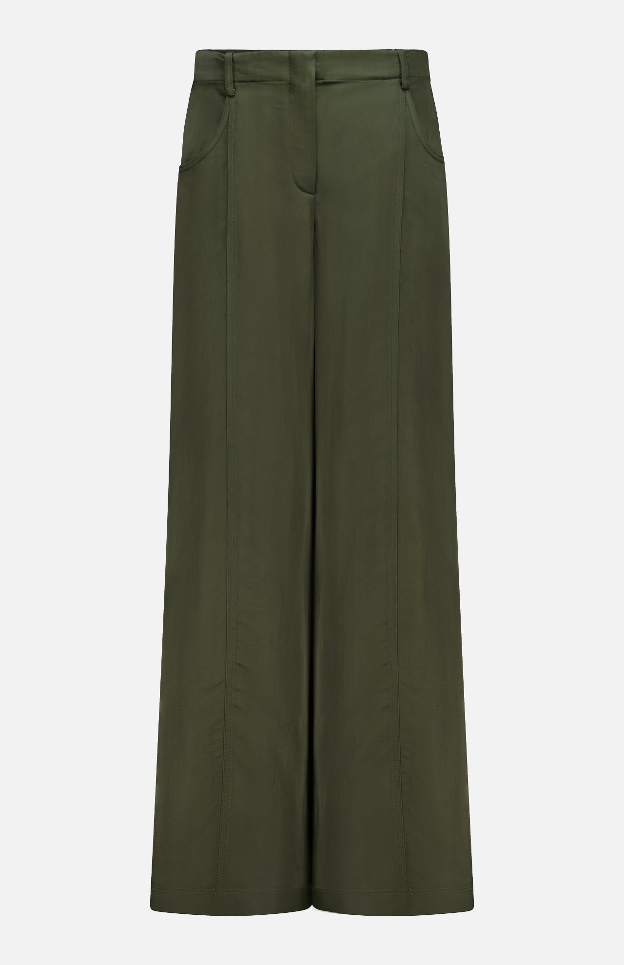 The Demie Wide Leg Trouser Pant by TWP is a high-waisted, wide-leg design in dark green, crafted from a viscose linen blend with front seams, side pockets, and a minimalistic aesthetic, shown against a plain white background.