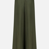Back view of the TWP Demie Wide Leg Trouser Pant in olive green, crafted from a viscose-linen blend, showcasing belt loops and two welt pockets, displayed against a plain white background.