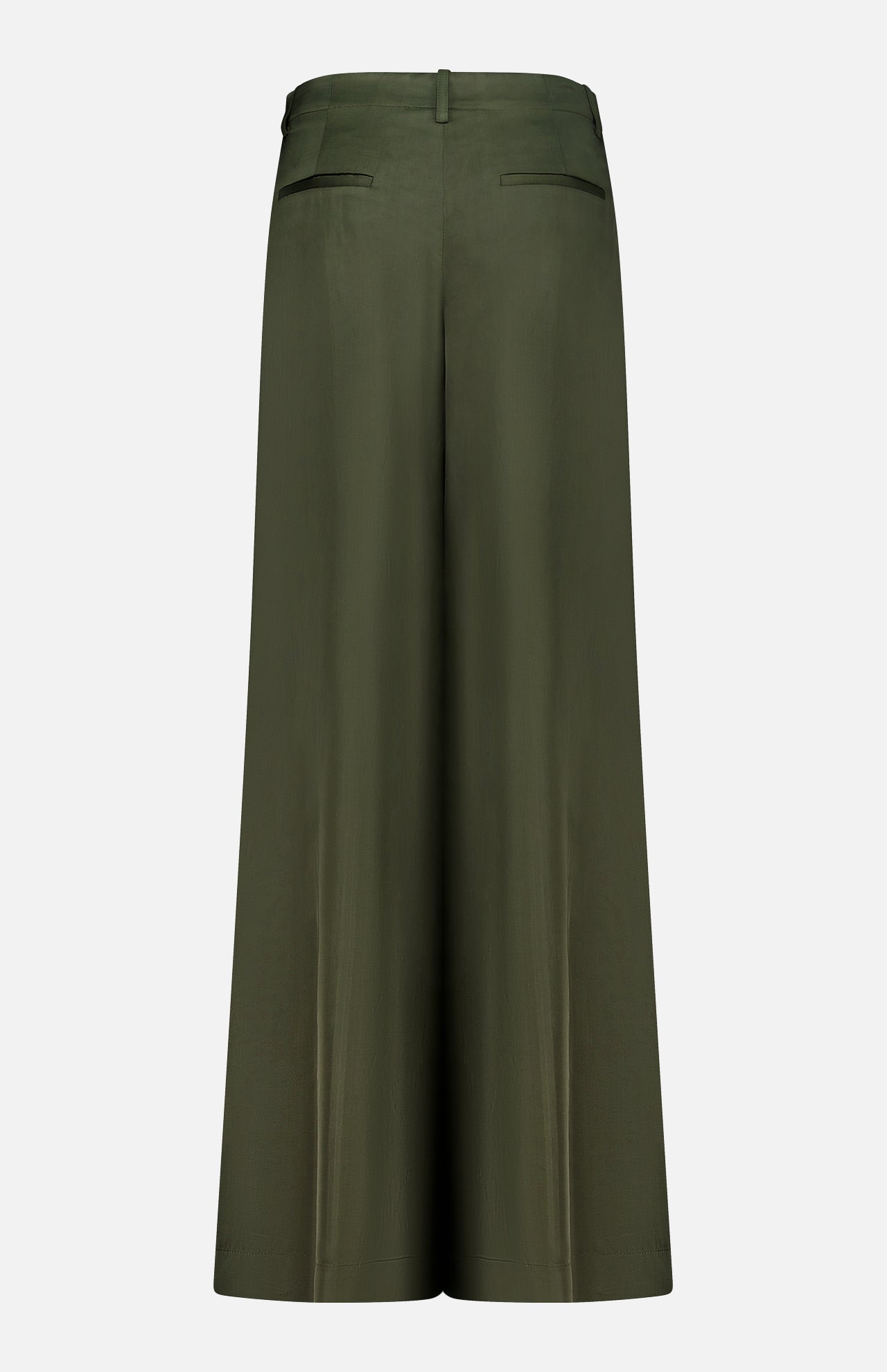 Back view of the TWP Demie Wide Leg Trouser Pant in olive green, crafted from a viscose-linen blend, showcasing belt loops and two welt pockets, displayed against a plain white background.