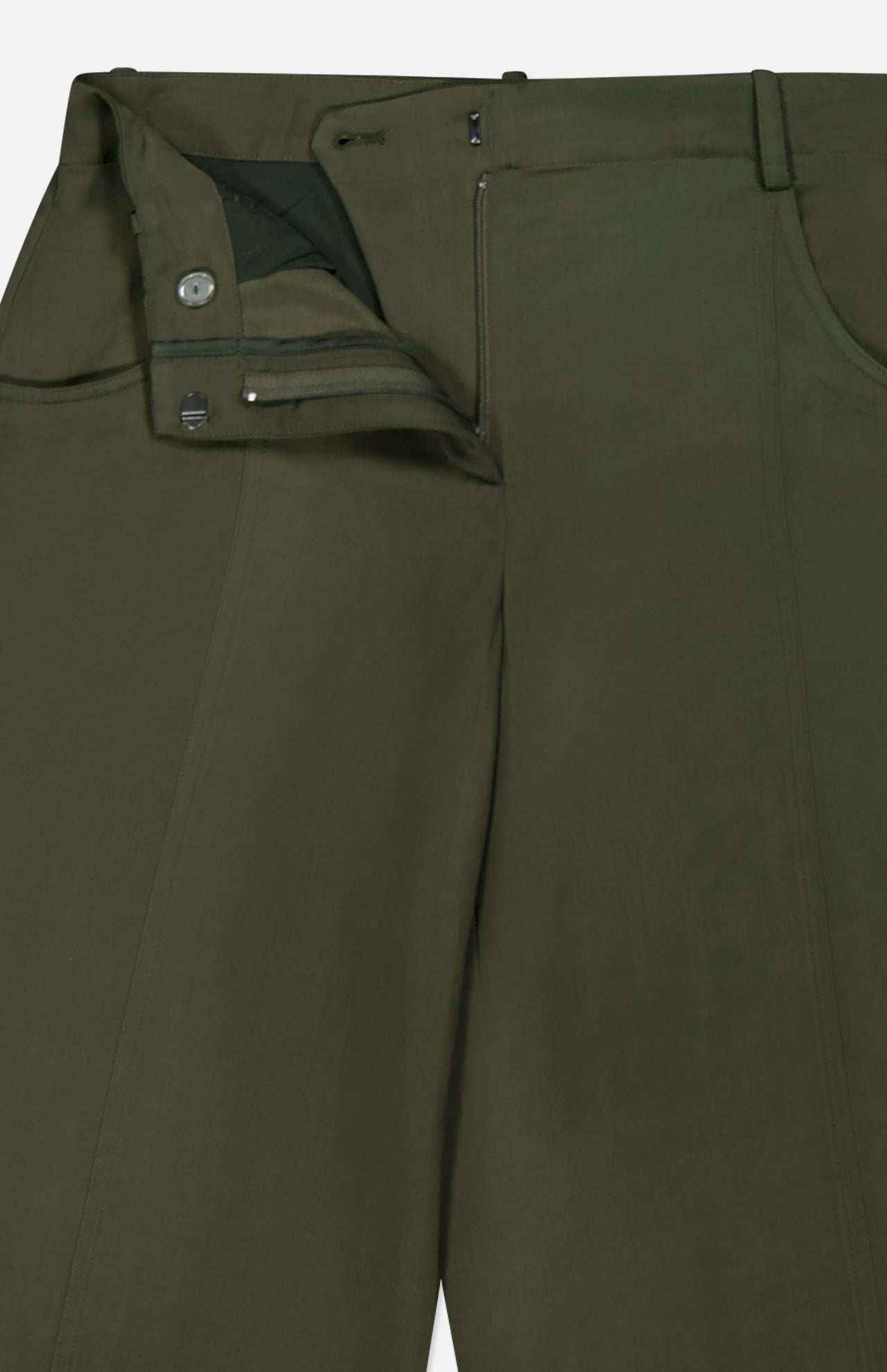 The Demie Wide Leg Trouser Pant by TWP is shown in olive green, displayed from the waist to mid-thigh with the fly unzipped and unbuttoned to reveal the inner waistband, pockets, and fastening details.