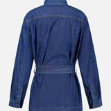 Back view of the TWP Denim Tamzin Wrap Shirt, a long-sleeved, dark blue denim jacket featuring a belted waist, buttoned cuffs, and a classic collar—displayed against a plain white background; an ideal belted wrap jacket offering timeless workwear style for women.