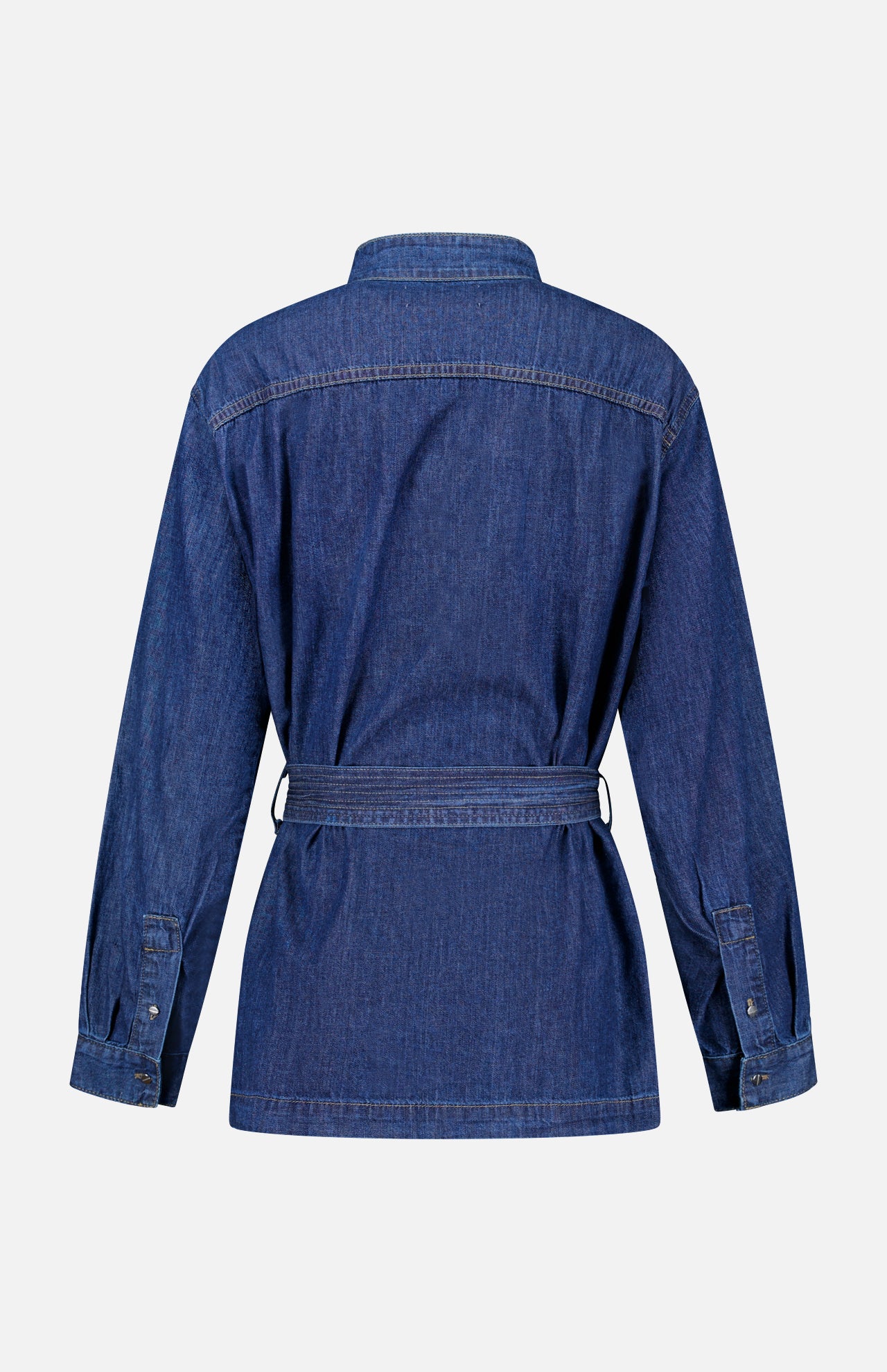 Back view of the TWP Denim Tamzin Wrap Shirt, a long-sleeved, dark blue denim jacket featuring a belted waist, buttoned cuffs, and a classic collar—displayed against a plain white background; an ideal belted wrap jacket offering timeless workwear style for women.