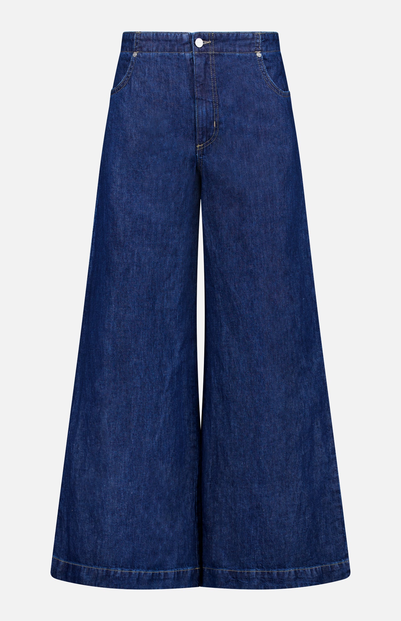 The TWP Dillon Denim Jeans in Dark Stone feature a high-rise, wide-leg silhouette with front button and zipper closure, two front pockets, and flared legs—an on-trend option for women's workwear.