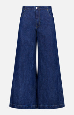 The TWP Dillon Denim Jeans in Dark Stone feature a high-rise, wide-leg silhouette with front button and zipper closure, two front pockets, and flared legs—an on-trend option for women's workwear.