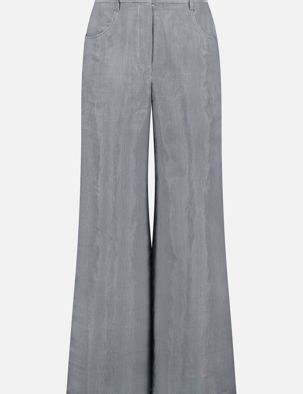 The TWP Dillon Glossy Stripe Pants feature a wide-leg, high-rise fit with front pockets, belt loops, and a subtle vertical texture for a chic, professional look and flared silhouette—perfect tailored workwear for women.