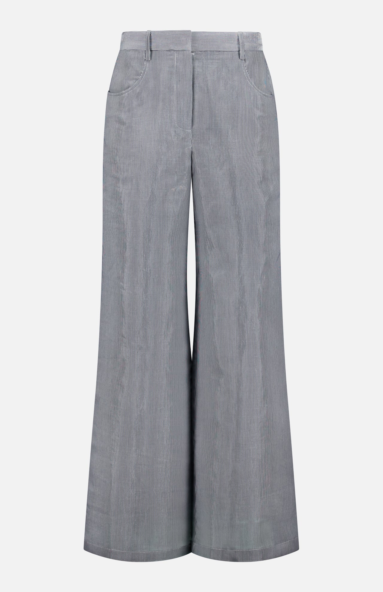 The TWP Dillon Glossy Stripe Pants feature a wide-leg, high-rise fit with front pockets, belt loops, and a subtle vertical texture for a chic, professional look and flared silhouette—perfect tailored workwear for women.