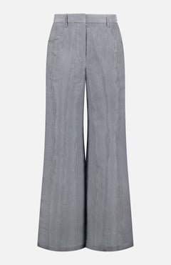 The TWP Dillon Glossy Stripe Pants feature a wide-leg, high-rise fit with front pockets, belt loops, and a subtle vertical texture for a chic, professional look and flared silhouette—perfect tailored workwear for women.
