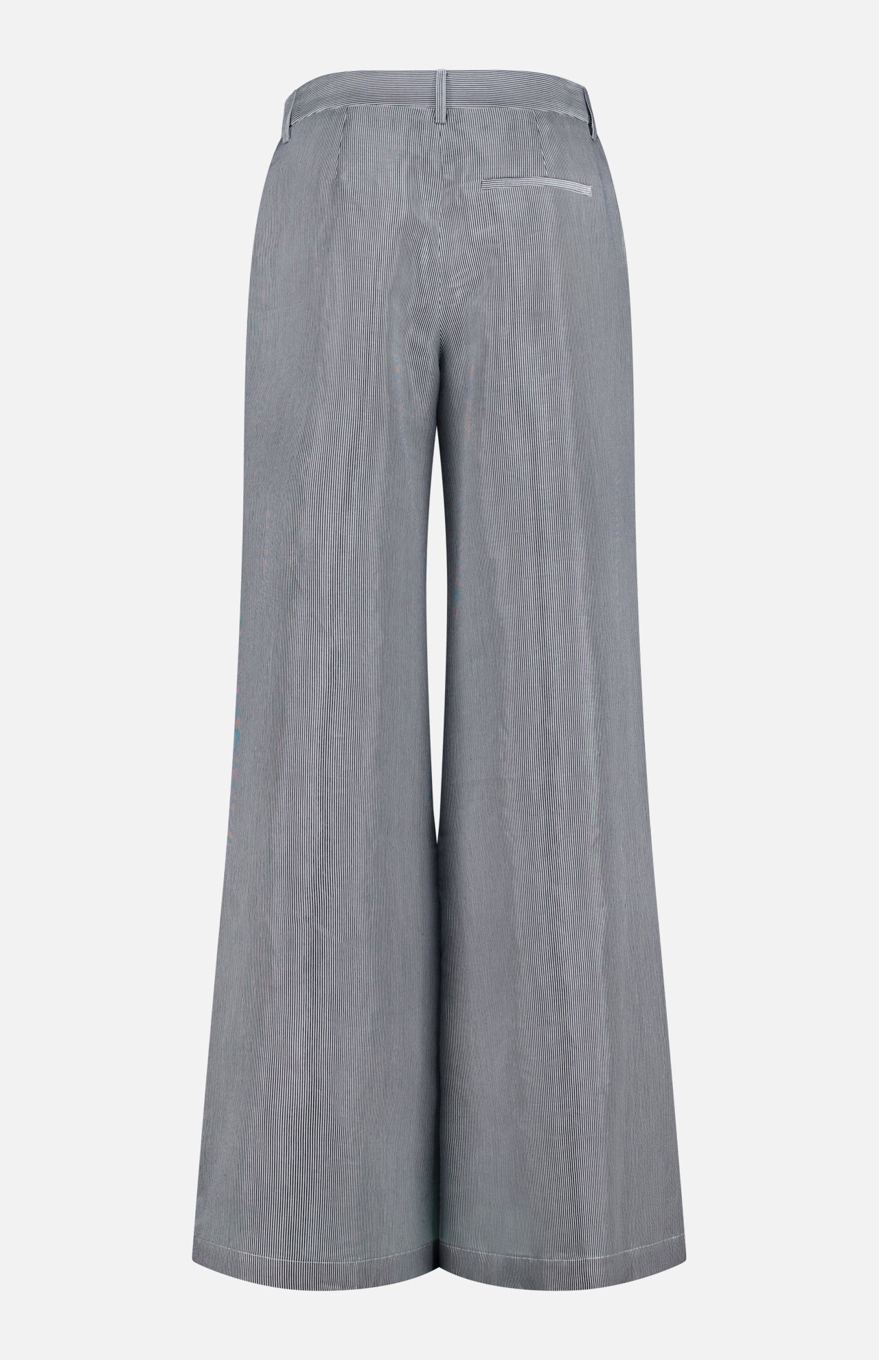 Back view of Dillon Glossy Stripe Pants by TWP, featuring a gray striped texture, high-rise wide-leg cut, belt loops, and a single right back pocket—ideal for stylish, comfortable women's workwear.