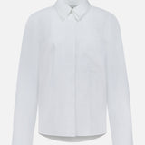 TWP's Double Layer Boyfriend Shirt—a white long-sleeve button-up with a pointed collar, front pocket, and minimalist, clean design—offers the perfect workwear option for women and is displayed against a plain white background.
