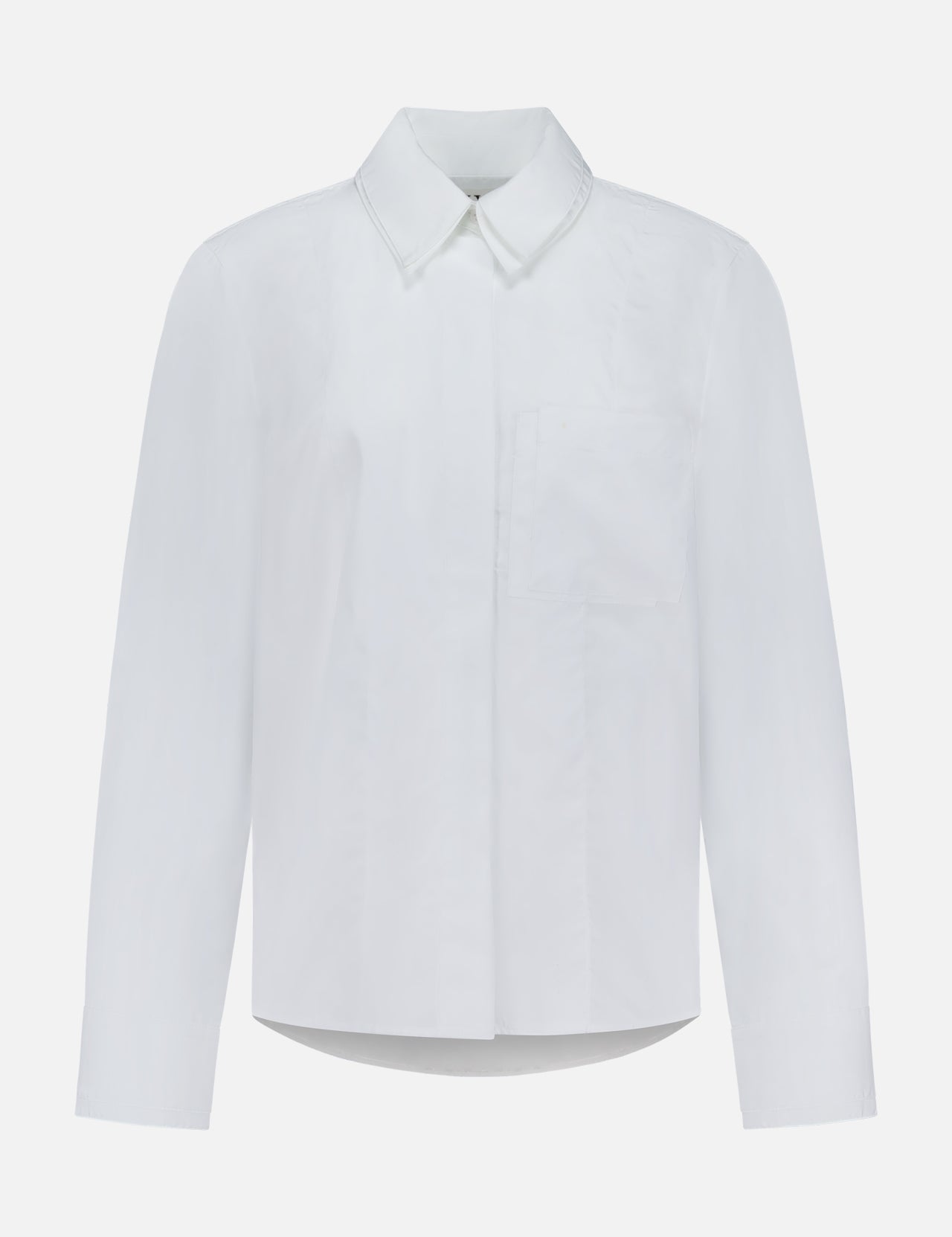 TWP's Double Layer Boyfriend Shirt—a white long-sleeve button-up with a pointed collar, front pocket, and minimalist, clean design—offers the perfect workwear option for women and is displayed against a plain white background.