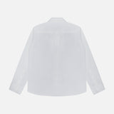 The image displays the Double Layer Boyfriend Shirt by TWP from the back against a plain white background. This white, long-sleeve button-up shirt features a traditional collar and buttoned cuffs, offering timeless style and professionalism for women seeking classic workwear.