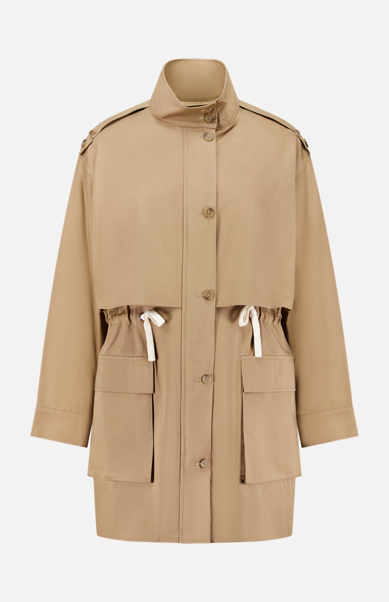 The Drawing Conclusions Jacket by TWP is a beige chino twill utility trench coat designed for women, featuring large front pockets, an adjustable waist drawstring, button-down front, and a high collar. This relaxed-fit workwear staple is finished with shoulder epaulets for a timeless utilitarian flair.