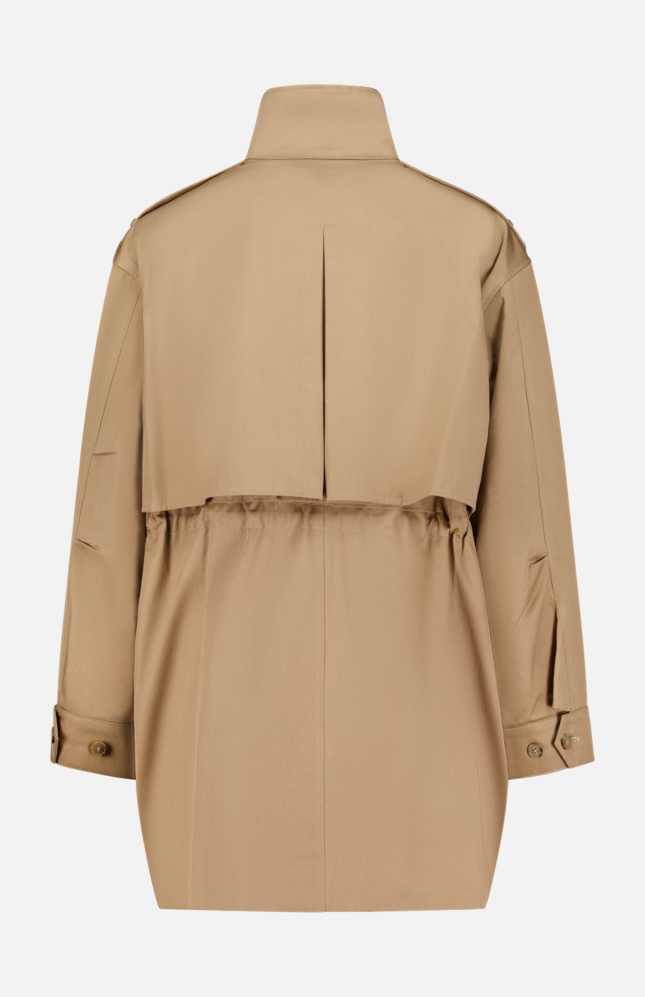 The Drawing Conclusions Jacket by TWP, shown from the back in beige, features a center pleat, adjustable waist, buttoned cuffs, and a vented yoke—an essential workwear piece for women balancing style and function.