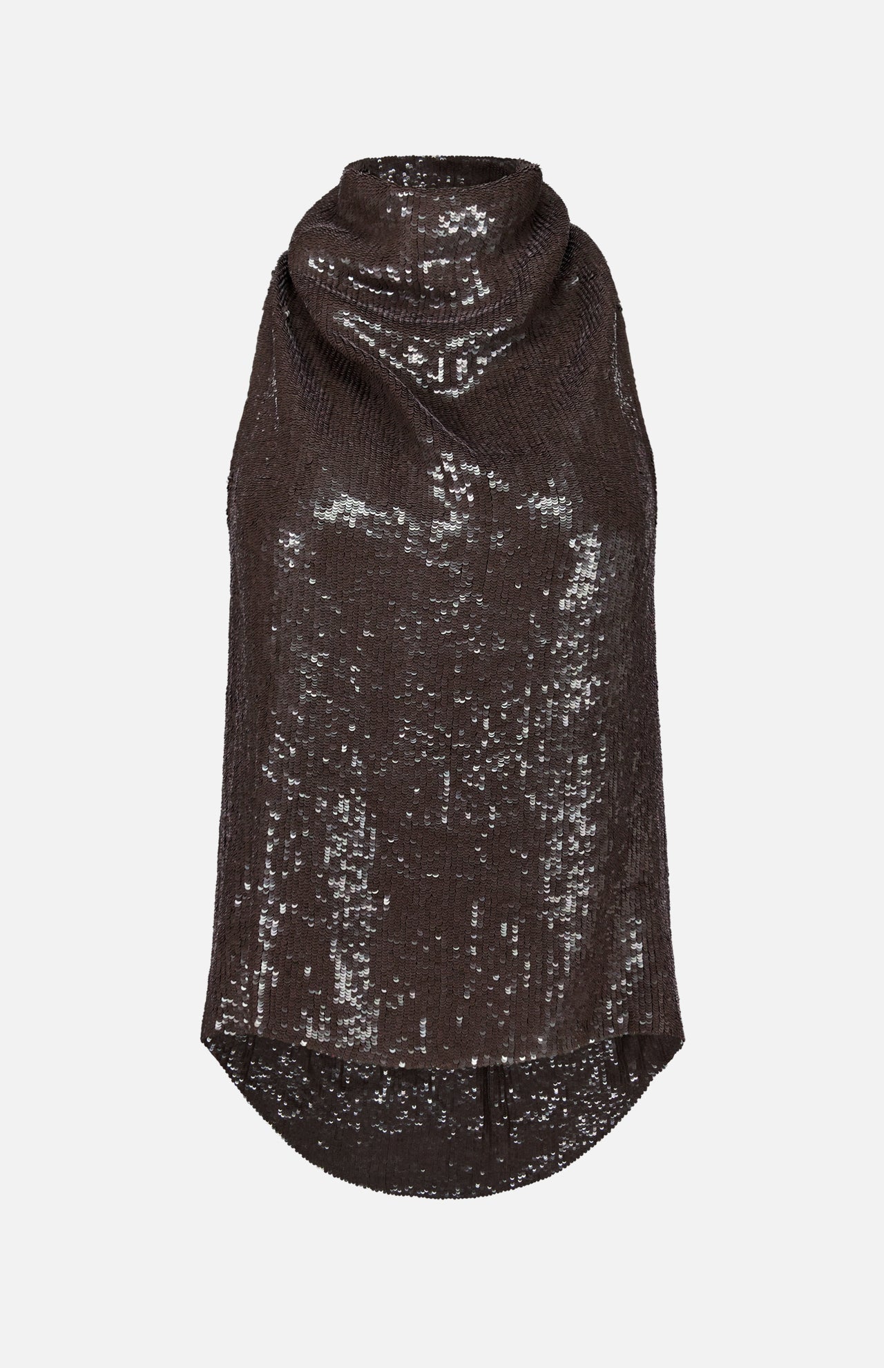 TWP Friday Night Top in dark brown sequins, featuring a high, draped cowl neckline, a curved hem, and a sleeveless finish.
