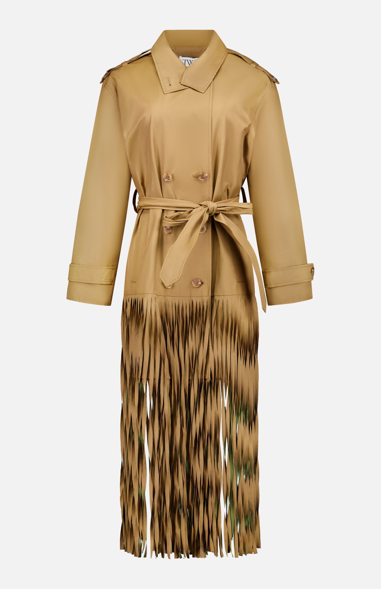 The TWP Fringe Benefit Jacket is a tan, long-sleeve trench coat with a waist belt, double-breasted buttons, and fringe accents below the knees for a stylish women’s workwear look with flowing cut-out details.