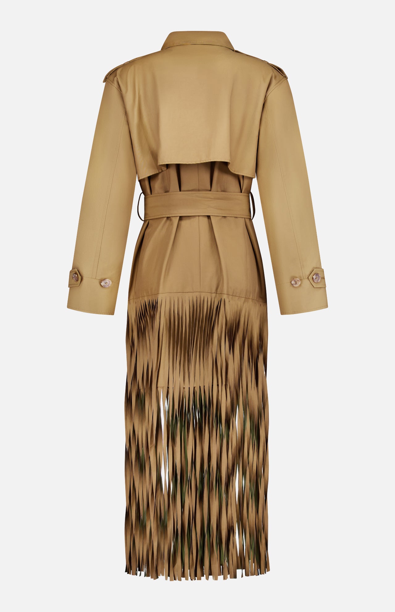 The TWP Fringe Benefit Jacket is a tan trench coat with a belted waist, long fringes at the hem, and buttoned sleeve straps for a stylish, modern look. This water-repellent women’s workwear piece combines fashion and function.