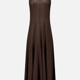 TWP Funnel Neck Sleeveless Dress in dark brown, featuring a midi length, funnel neck, and paneled seaming, perfect for refined workwear.