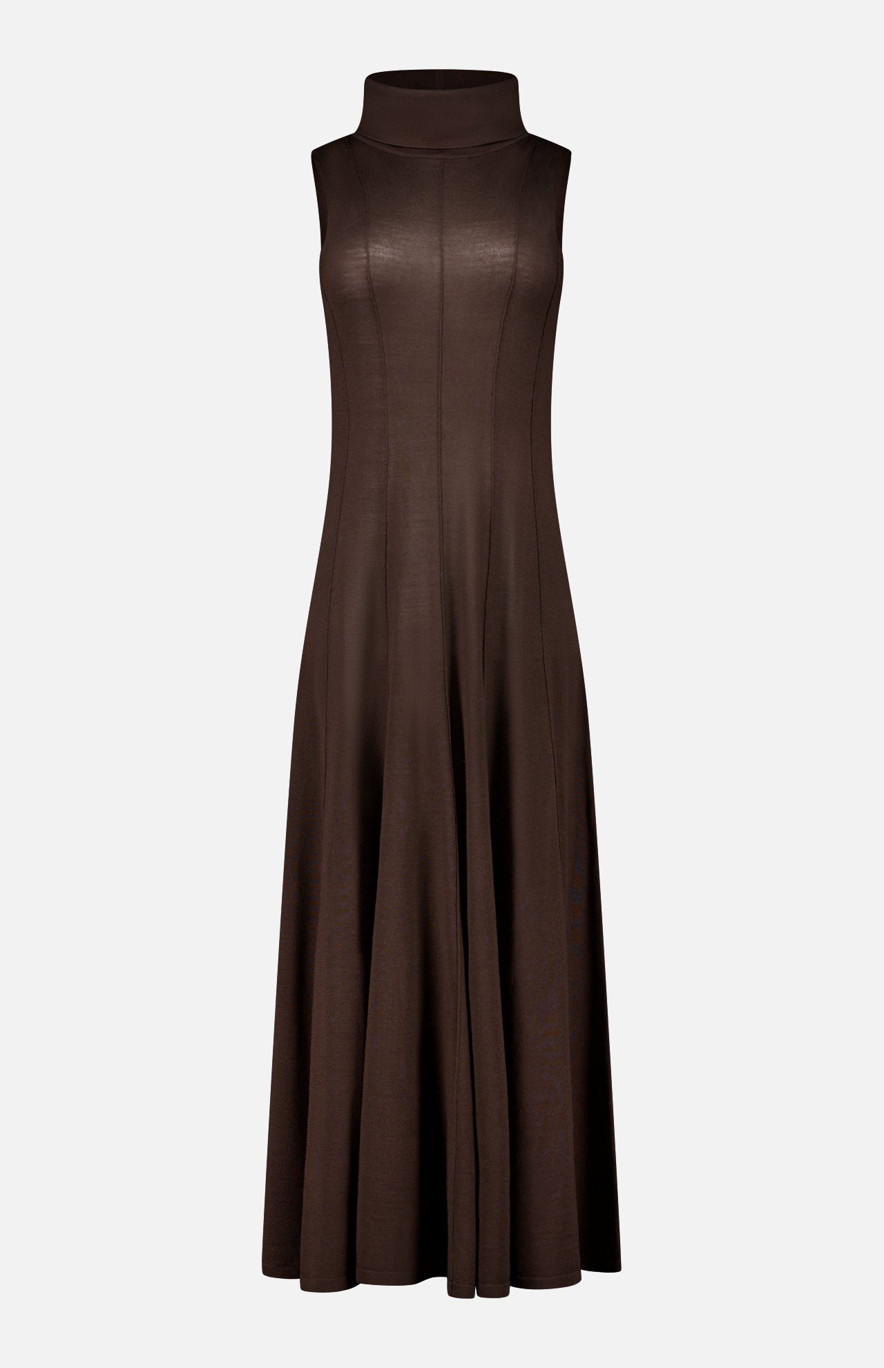 TWP Funnel Neck Sleeveless Dress in dark brown, featuring a midi length, funnel neck, and paneled seaming, perfect for refined workwear.