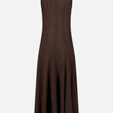Back view of a TWP Funnel Neck Sleeveless Dress in dark brown wool, featuring a funnel neck and seamed panels.