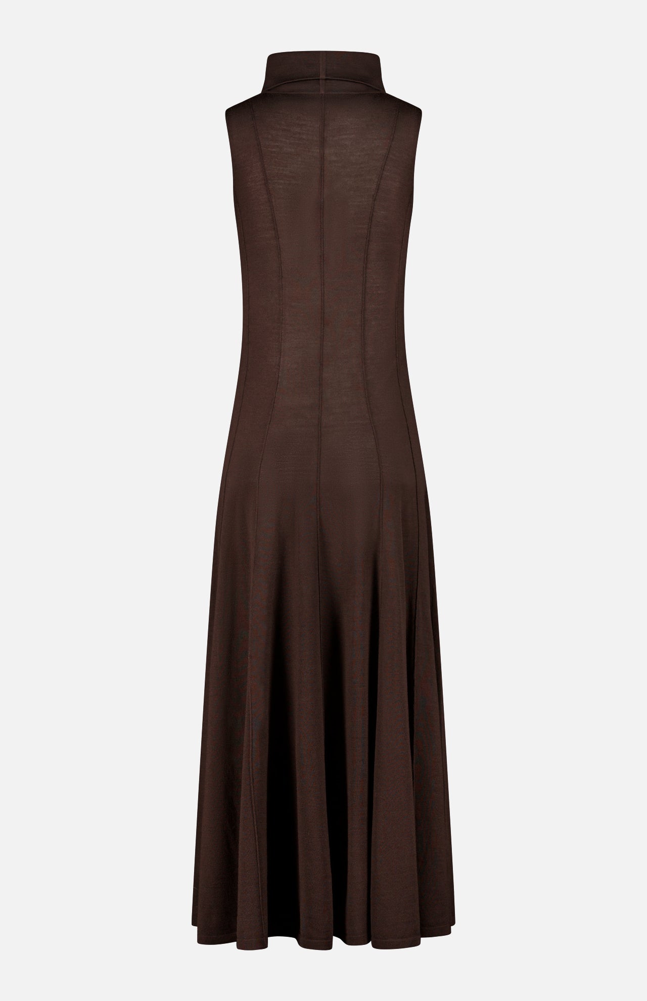 Back view of a TWP Funnel Neck Sleeveless Dress in dark brown wool, featuring a funnel neck and seamed panels.