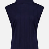 The TWP Funnel Neck Sleeveless Top is a navy piece with a high funnel neckline and subtle vertical seam detailing, offering sophisticated workwear style for women; displayed against a plain white background.