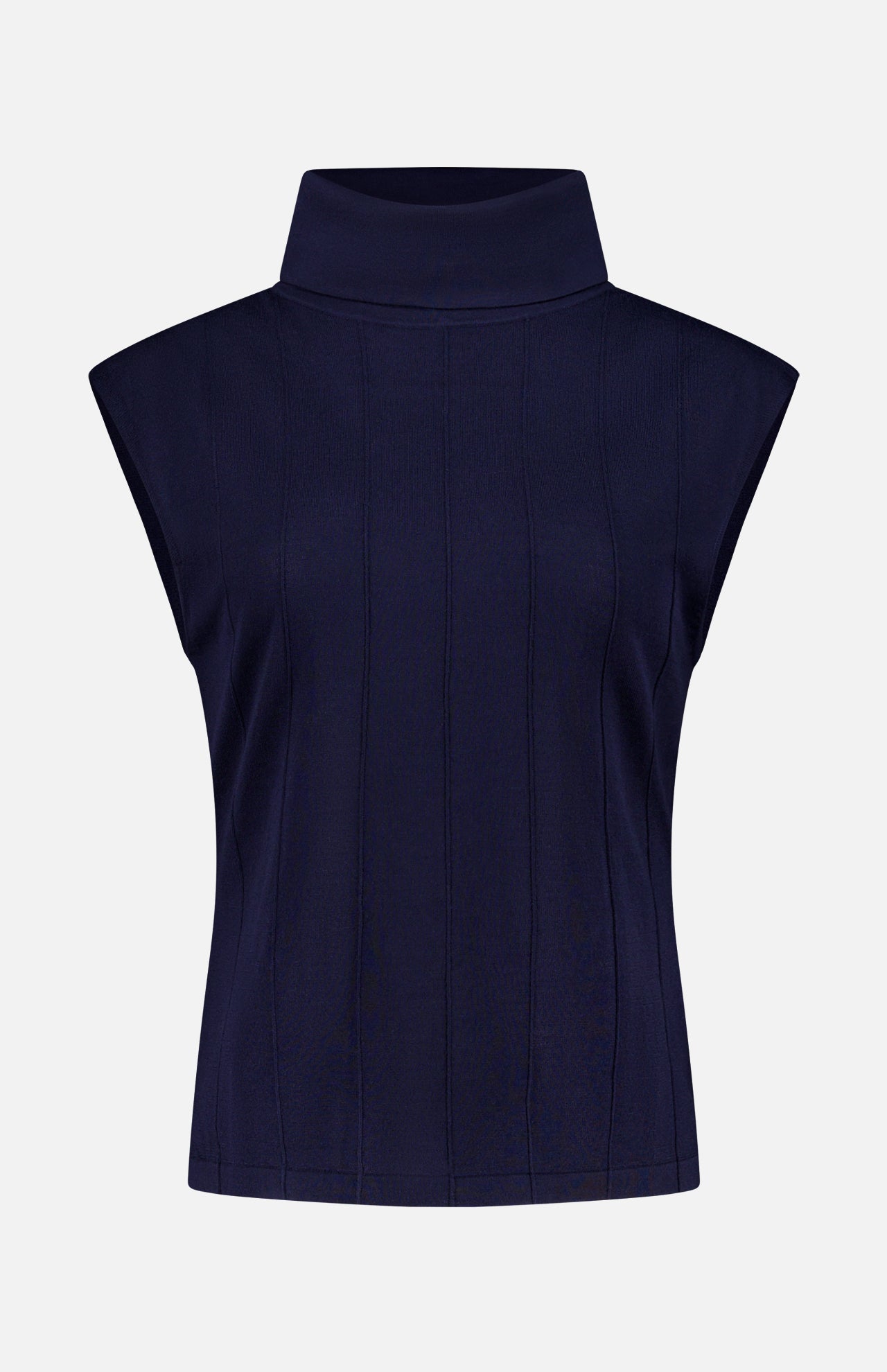 The TWP Funnel Neck Sleeveless Top is a navy piece with a high funnel neckline and subtle vertical seam detailing, offering sophisticated workwear style for women; displayed against a plain white background.