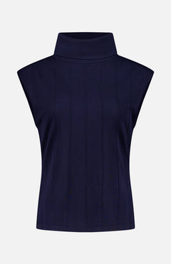The TWP Funnel Neck Sleeveless Top is a navy piece with a high funnel neckline and subtle vertical seam detailing, offering sophisticated workwear style for women; displayed against a plain white background.