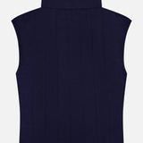 The TWP Funnel Neck Sleeveless Top is shown from the back against a plain white background. This refined women’s workwear piece in navy features a high funnel neck, subtle vertical seam detailing, and a sleek design with no visible fastenings or embellishments.