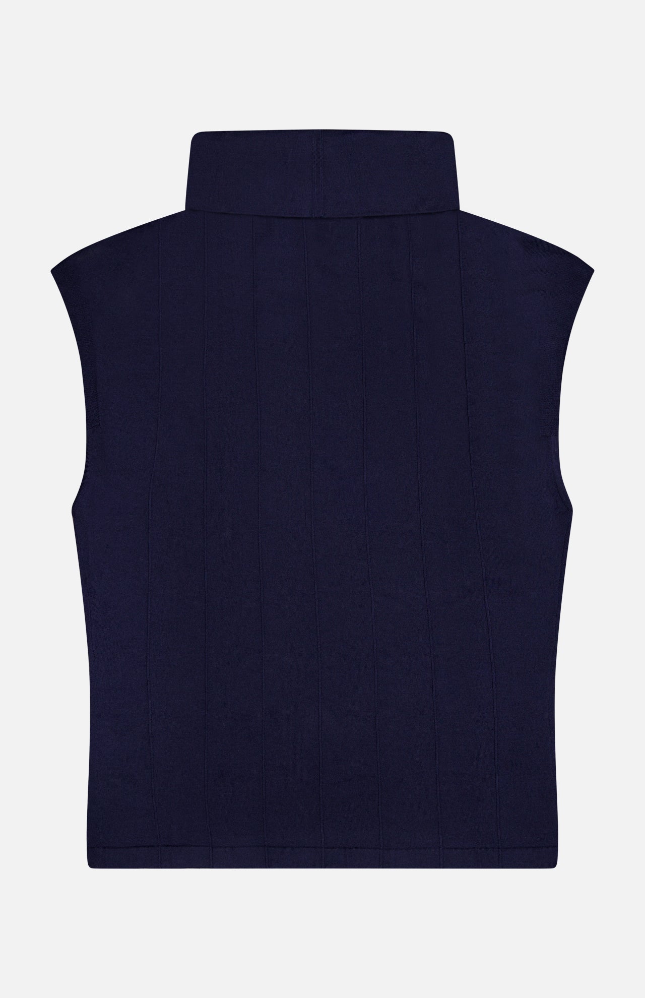 The TWP Funnel Neck Sleeveless Top is shown from the back against a plain white background. This refined women’s workwear piece in navy features a high funnel neck, subtle vertical seam detailing, and a sleek design with no visible fastenings or embellishments.