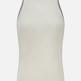 The TWP Harbor Racerback Tank Top is a sleeveless, off-white ribbed top featuring a high neckline, displayed against a plain white background.