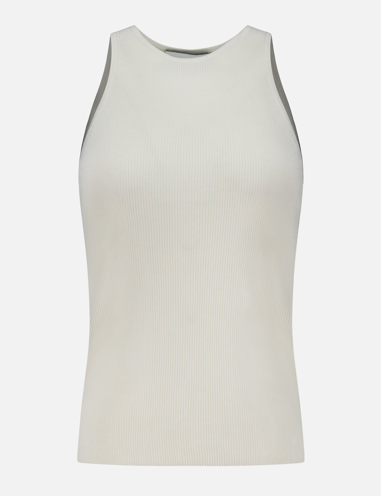 The TWP Harbor Racerback Tank Top is a sleeveless, off-white ribbed top featuring a high neckline, displayed against a plain white background.