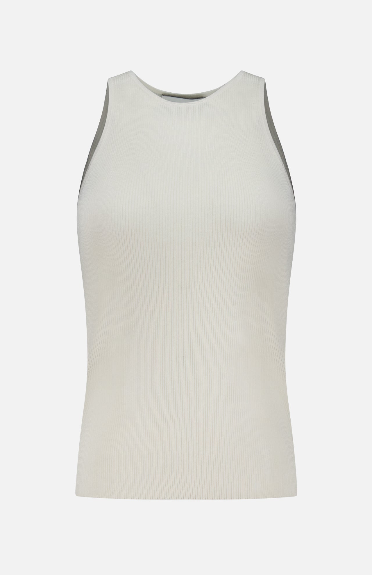 The TWP Harbor Racerback Tank Top is a sleeveless, off-white ribbed top featuring a high neckline, displayed against a plain white background.
