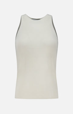 The TWP Harbor Racerback Tank Top is a sleeveless, off-white ribbed top featuring a high neckline, displayed against a plain white background.