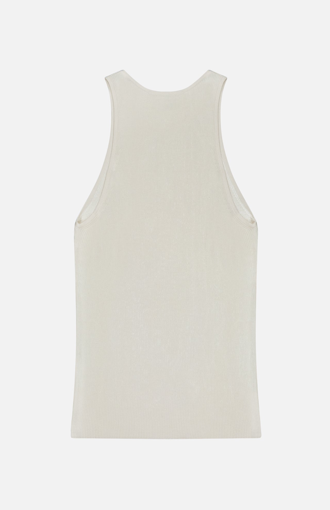 The Harbor Racerback Tank Top by TWP is shown laid flat, viewed from the back, featuring a beige ribbed design with a racerback cut and no visible logos or patterns.