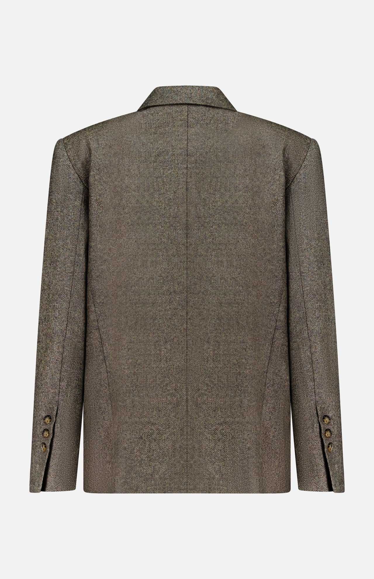 The Harper Herringbone Blazer by TWP is showcased from the back, highlighting its notched collar, structured shoulders, and cuff button accents. Inspired by the classic double-breasted wool blazer, it features a subtly textured herringbone fabric for an elevated finish.