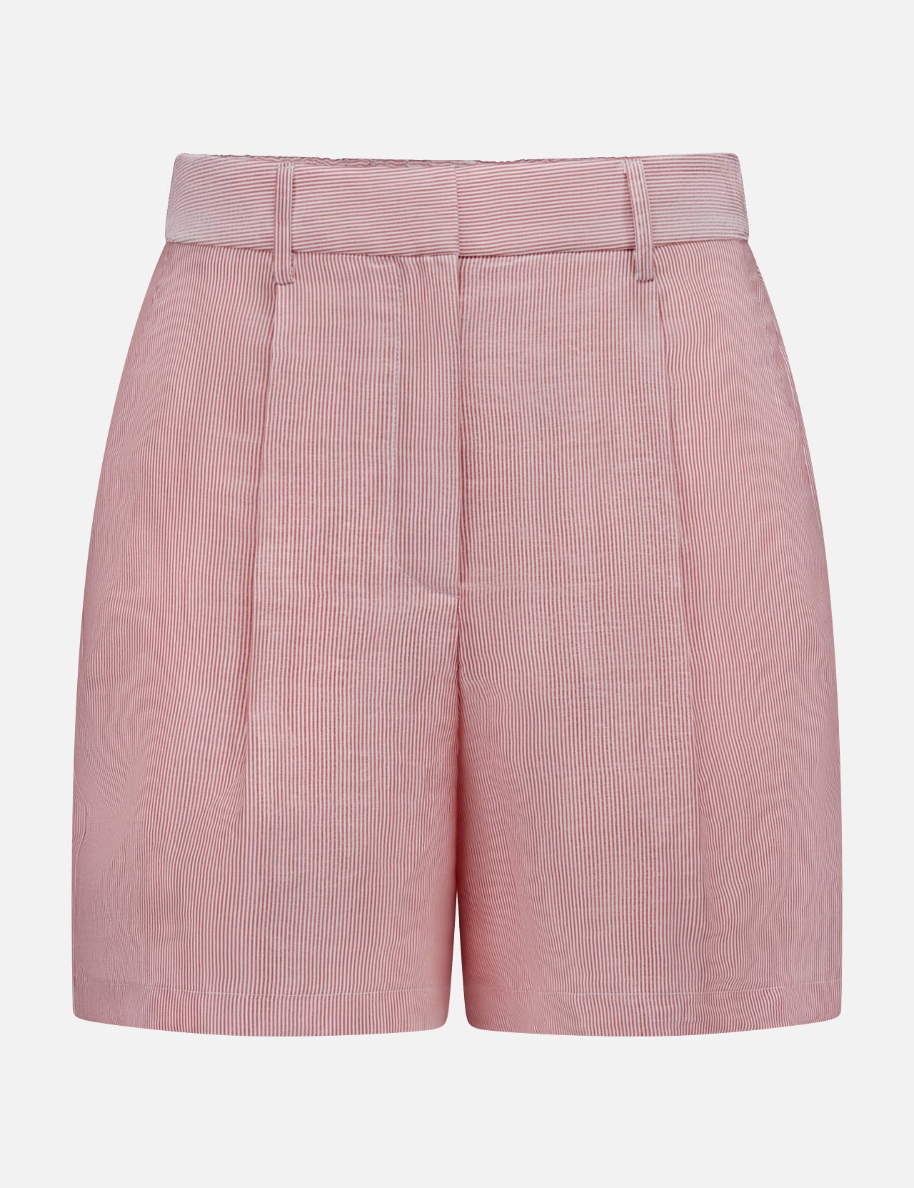 The TWP Henry St Stripe Short—pink high-waisted women's shorts with subtle vertical stripes, belt loops, and front pleats—offers stylish workwear appeal, shown on a plain white background.