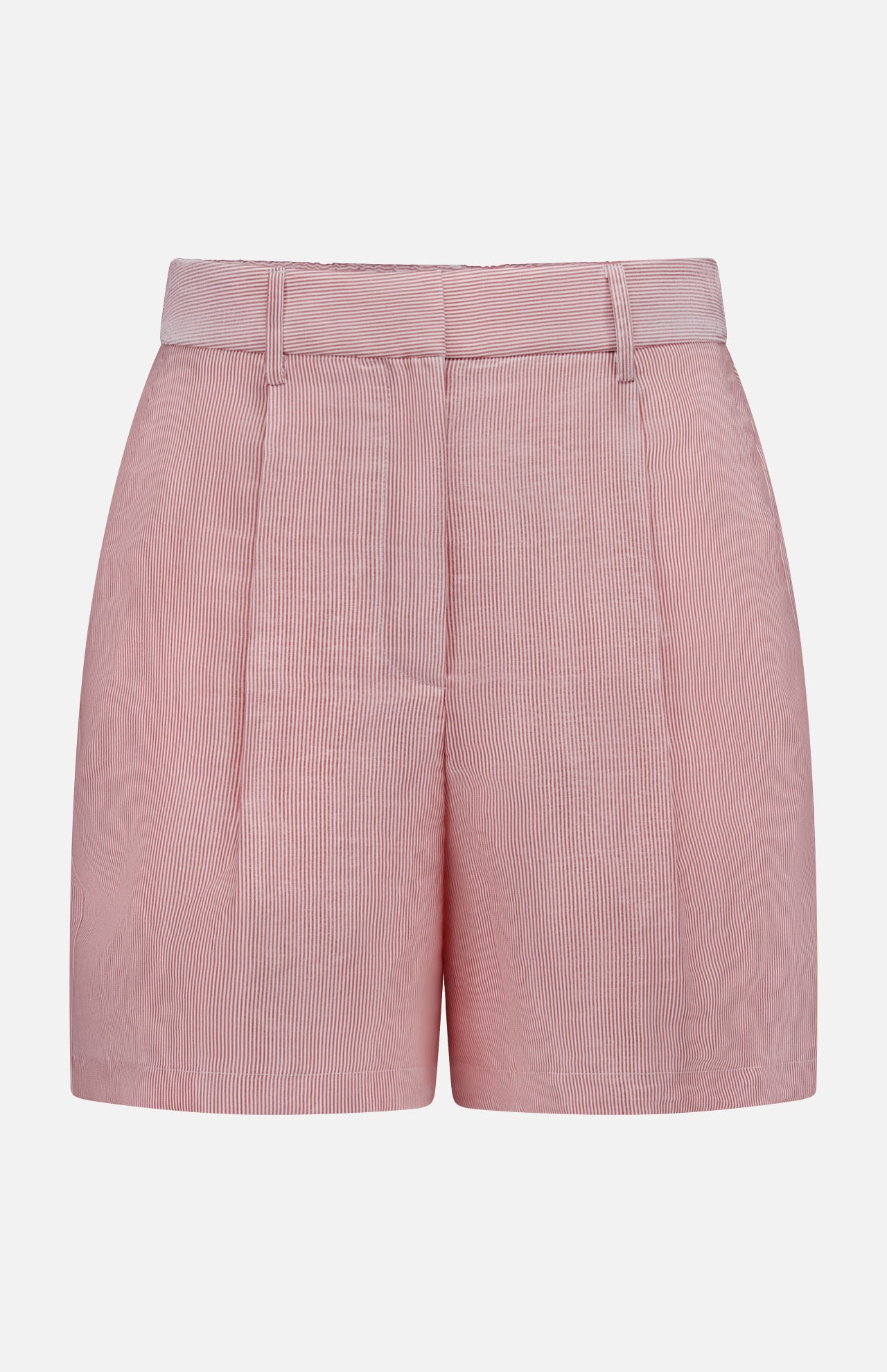 The TWP Henry St Stripe Short—pink high-waisted women's shorts with subtle vertical stripes, belt loops, and front pleats—offers stylish workwear appeal, shown on a plain white background.