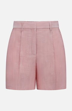 The TWP Henry St Stripe Short—pink high-waisted women's shorts with subtle vertical stripes, belt loops, and front pleats—offers stylish workwear appeal, shown on a plain white background.