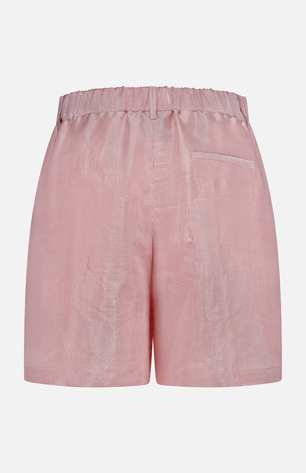 Back view of TWP’s Henry St Stripe Short, a pair of light pink pinstriped women’s pleated, mid-rise shorts with an elastic waistband and right welt pocket. These shorts blend comfort and style for any occasion.