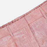 Close-up of the Henry St Stripe Short by TWP, featuring red and white vertical stripes and an elastic waistband, photographed against a white background.