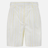 The TWP Henry St Striped Shorts feature yellow and white vertical stripes, pleats, belt loops, and a tailored mid-rise fit—ideal for stylish women’s workwear. Displayed on a plain white background.