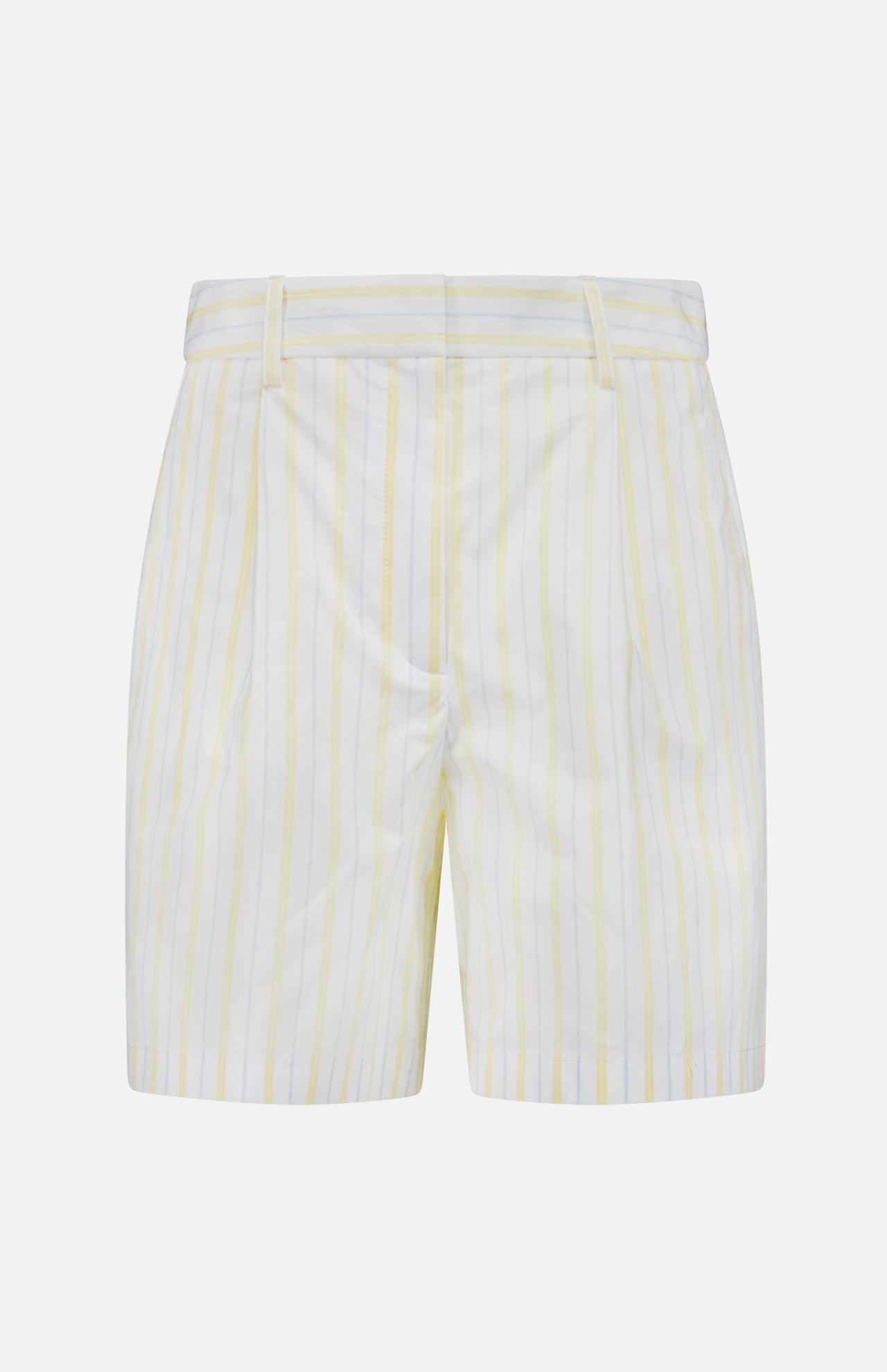 The TWP Henry St Striped Shorts feature yellow and white vertical stripes, pleats, belt loops, and a tailored mid-rise fit—ideal for stylish women’s workwear. Displayed on a plain white background.
