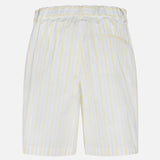 Back view of the TWP Henry St Striped Shorts, featuring light yellow vertical stripes, an elastic waistband, a right-side back pocket, and a classic workwear-inspired design.