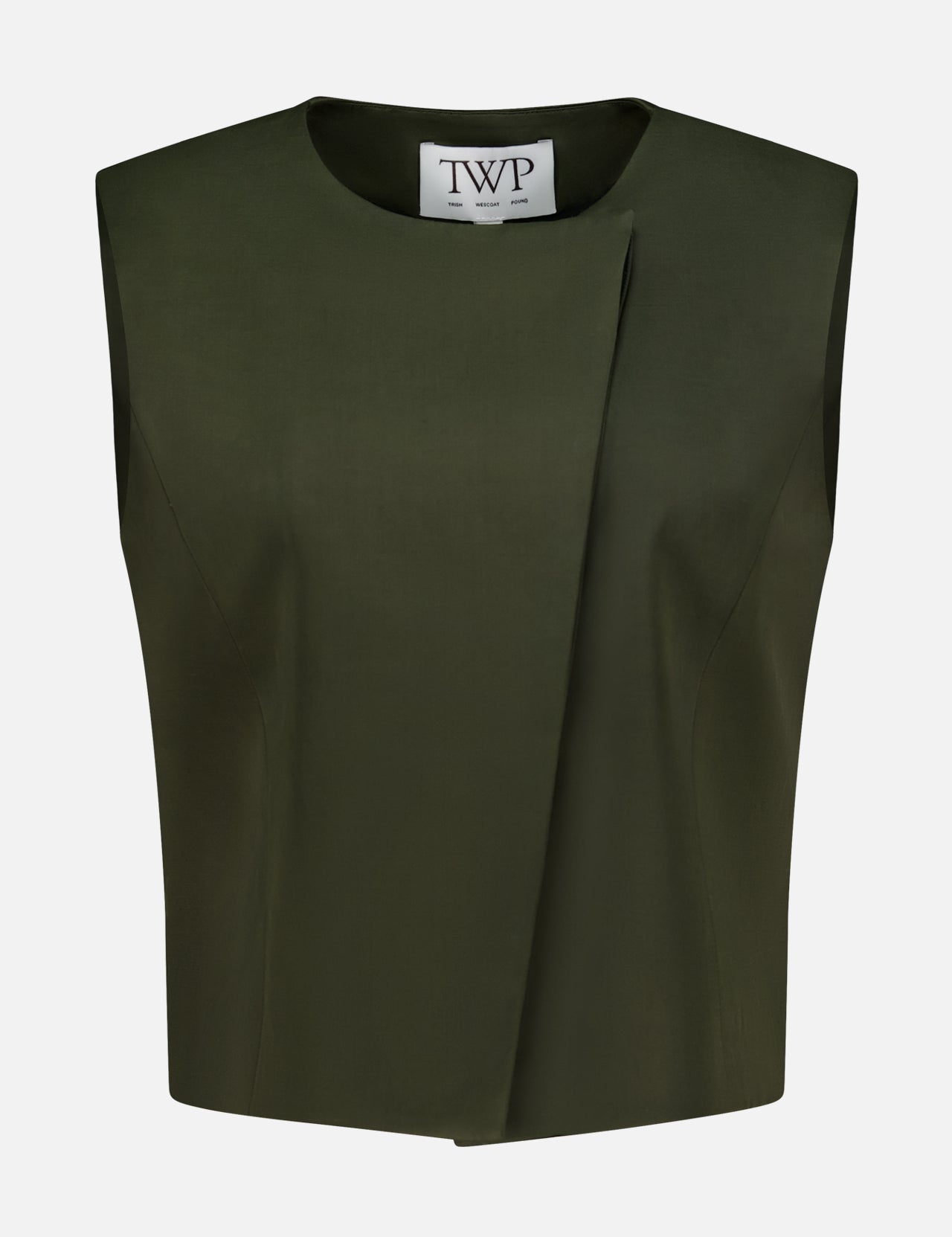 The High Neck Hidden Placket Vest by TWP is a sleeveless, dark olive green cropped top designed in a minimalist style. It features an asymmetrical front fold, round neckline, and a visible white label with the brand’s name inside. Ideal for women seeking refined yet contemporary workwear, this modern vest is photographed against a plain white background.
