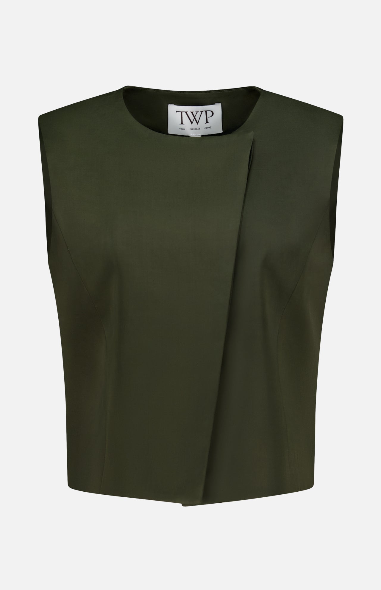 The High Neck Hidden Placket Vest by TWP is a sleeveless, dark olive green cropped top designed in a minimalist style. It features an asymmetrical front fold, round neckline, and a visible white label with the brand’s name inside. Ideal for women seeking refined yet contemporary workwear, this modern vest is photographed against a plain white background.