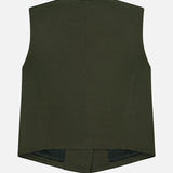 Back view of TWP’s High Neck Hidden Placket Vest, a sleeveless dark green piece crafted from viscose linen. Featuring a straight top edge, curved sides, and a subtly pointed back hem, this vest boasts minimal seams and a polished, tailored look—an elevated option for women seeking effortless sophistication in their workwear.