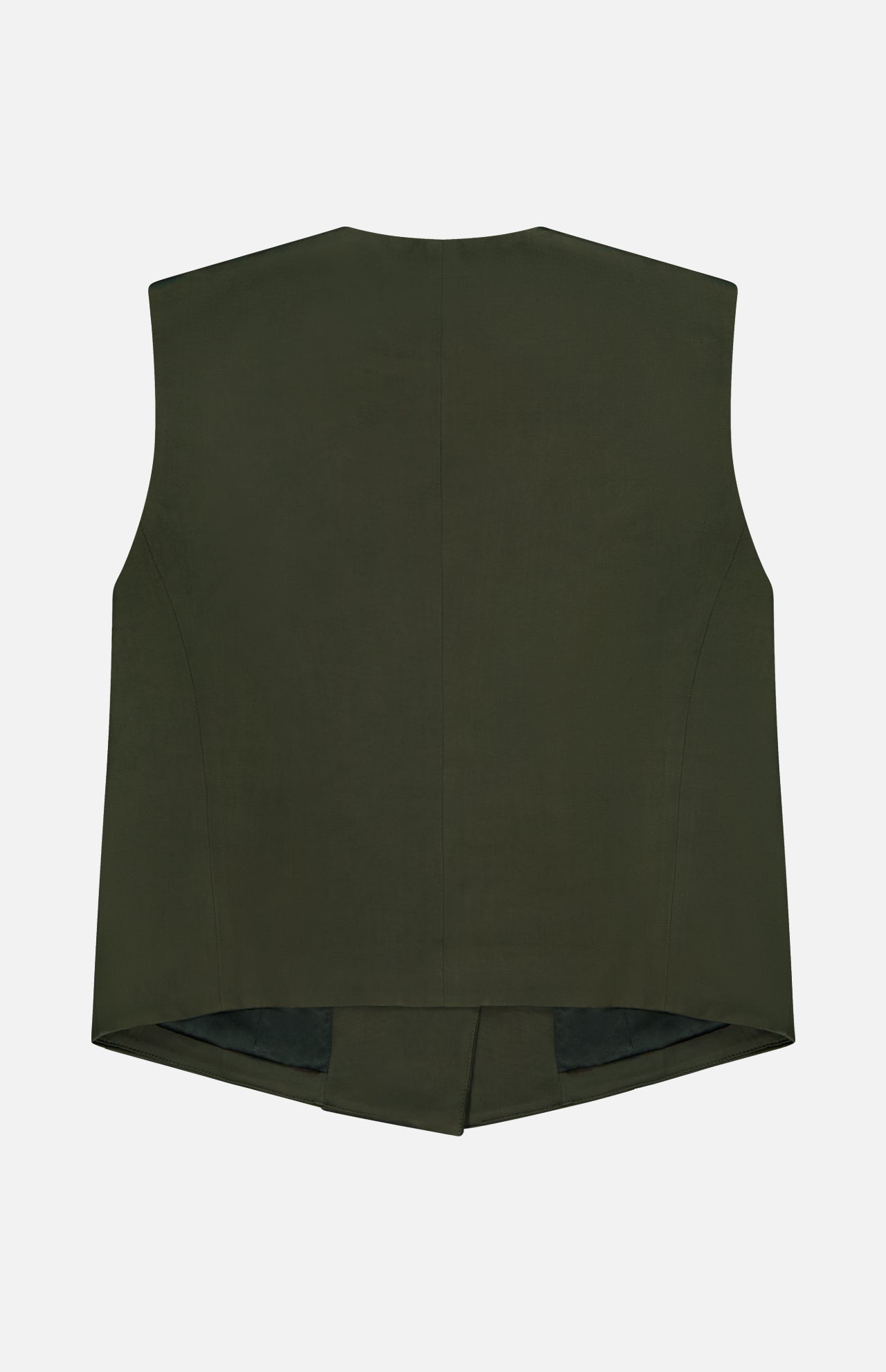 Back view of TWP’s High Neck Hidden Placket Vest, a sleeveless dark green piece crafted from viscose linen. Featuring a straight top edge, curved sides, and a subtly pointed back hem, this vest boasts minimal seams and a polished, tailored look—an elevated option for women seeking effortless sophistication in their workwear.