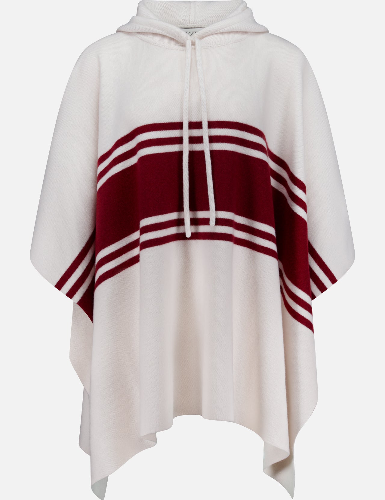 The TWP Hooded Cashmere Stripe Poncho showcases a cream base with a central maroon stripe and two thin maroon stripes, a neck drawstring, and a loose, flowing fit for effortless style.