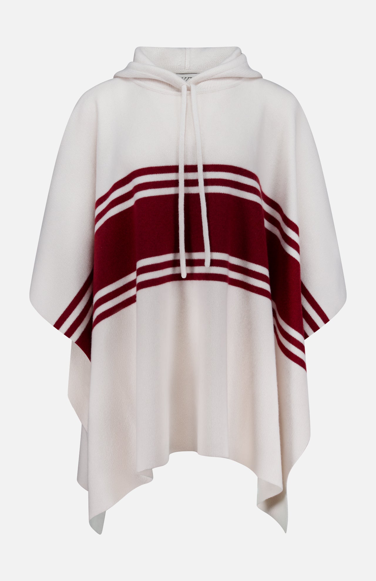 The TWP Hooded Cashmere Stripe Poncho showcases a cream base with a central maroon stripe and two thin maroon stripes, a neck drawstring, and a loose, flowing fit for effortless style.