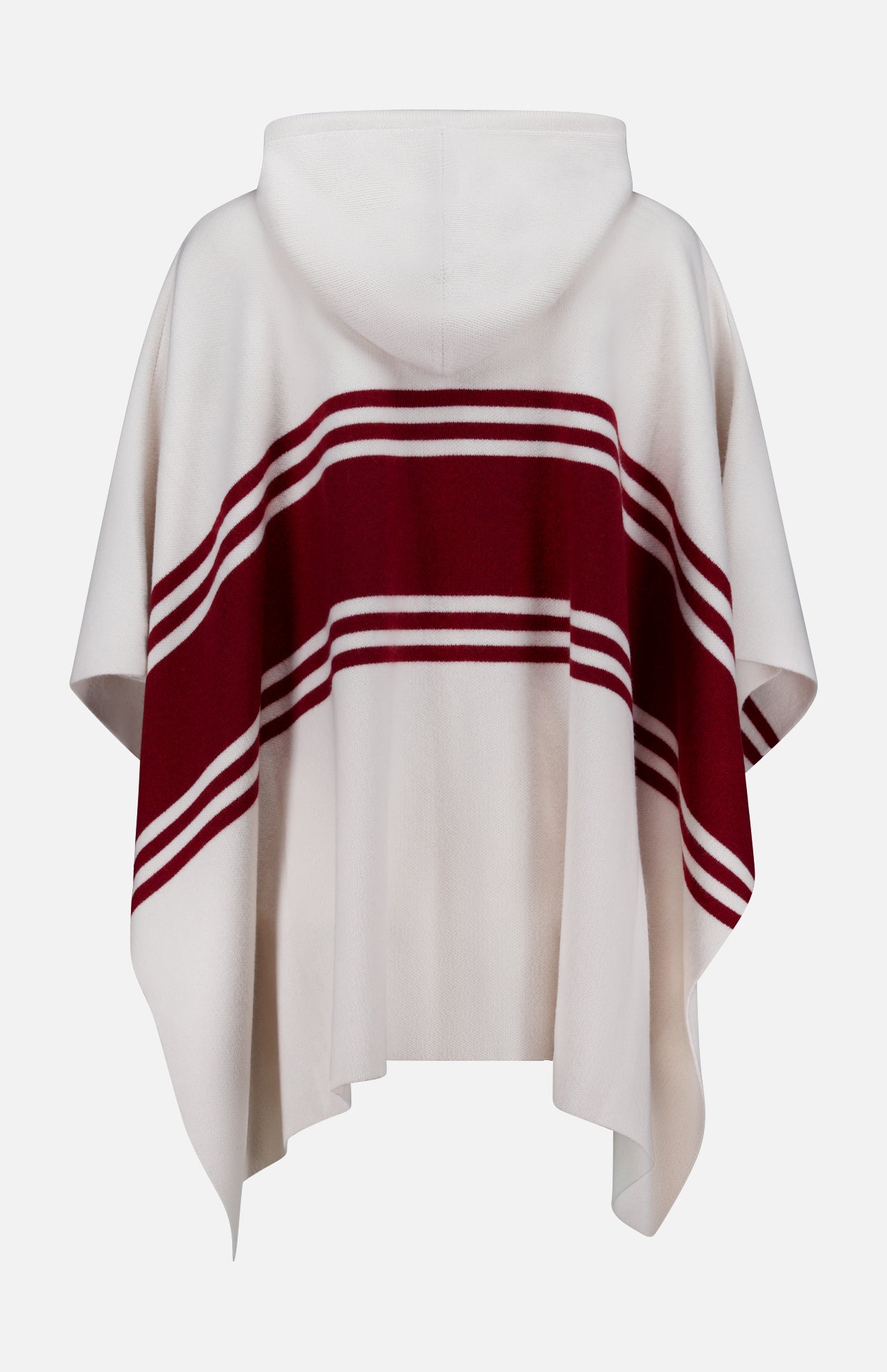 The TWP Hooded Cashmere Stripe Poncho in cream features a hood, two wide and two thin maroon stripes across the back, and pointed sides for a relaxed, stylish drape.